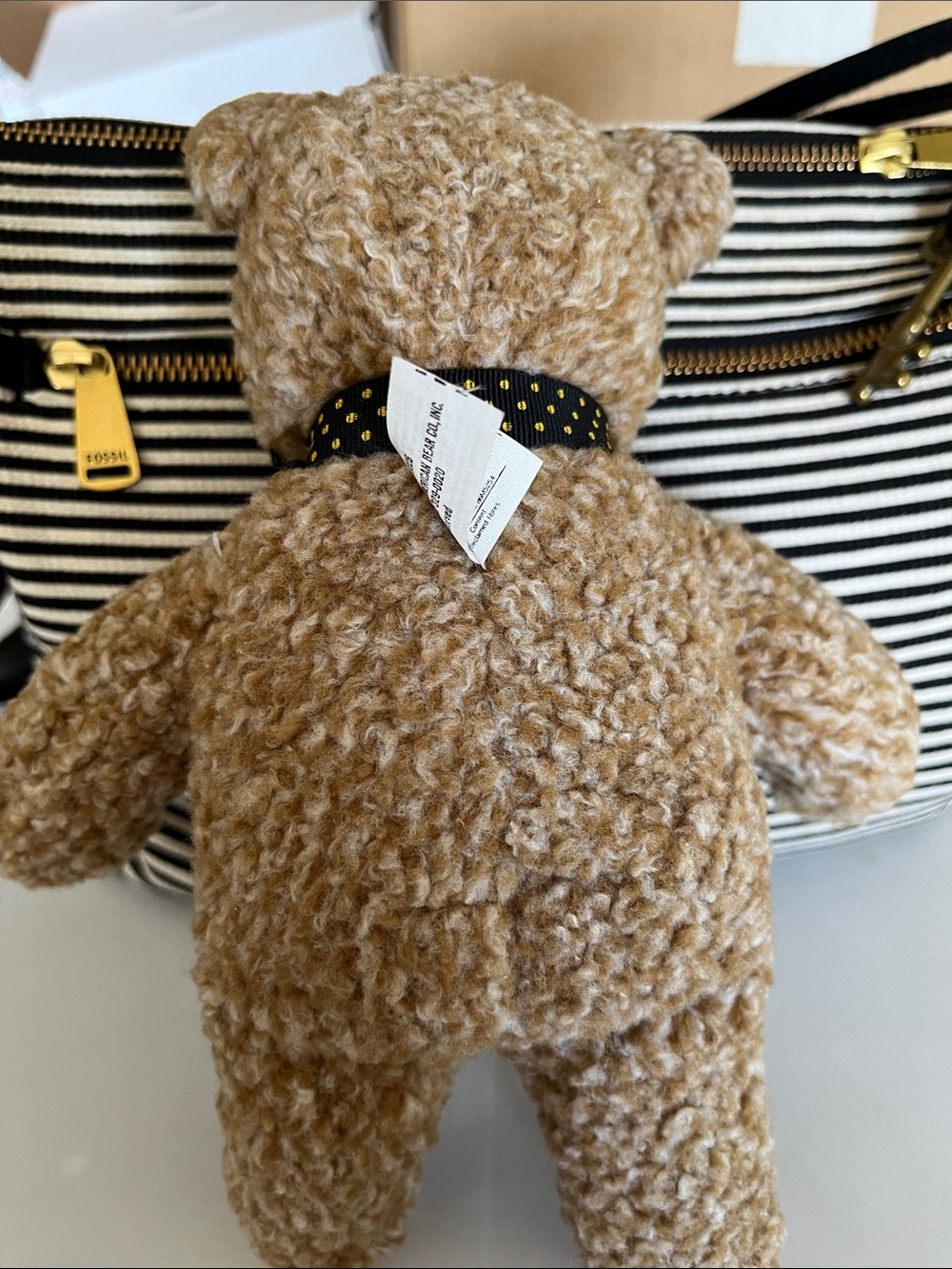 “Barley Bear” Stuffed Toy - Tan with Black Polka Dot Bow - Picture 3 of 12